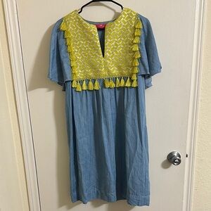 EUC Elaine Turner Blue Tencel Boho Dress Yellow Embroidery Tassle Size XS